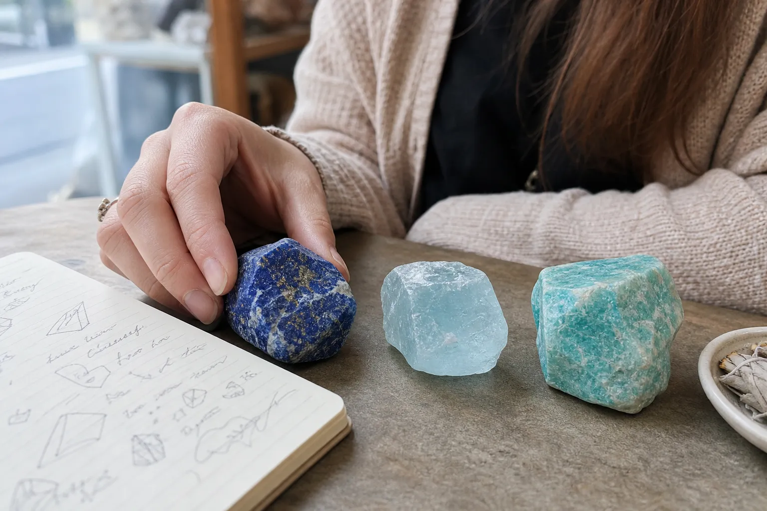 A beginner comparing lapis lazuli, aquamarine, and amazonite stones with a small notebook