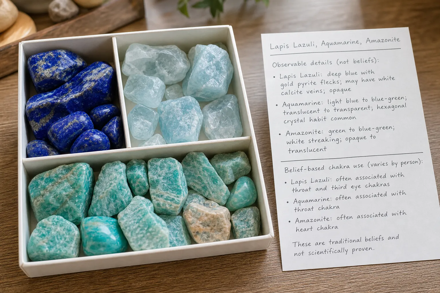 A mineral tray with lapis lazuli, aquamarine, and amazonite beside a handwritten boundary note about observation and belief-based practice